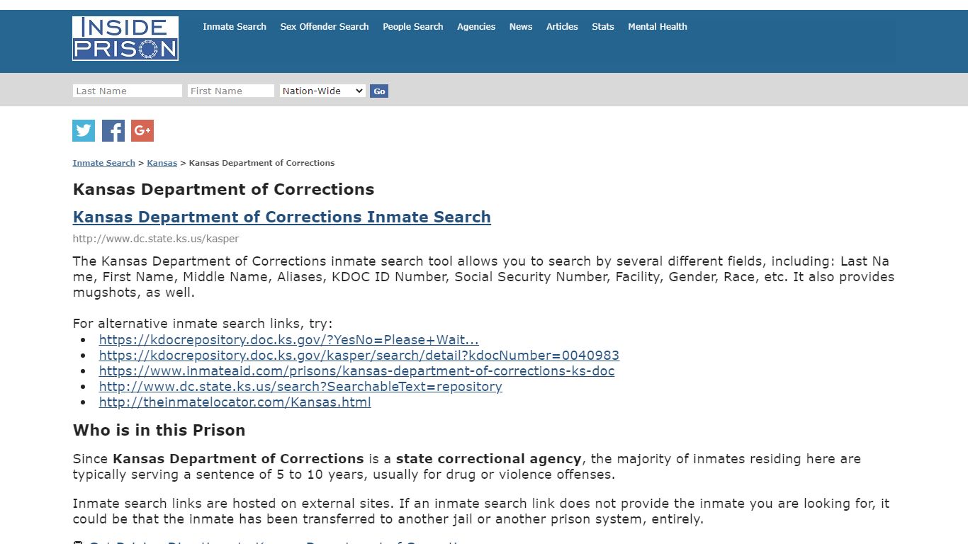 Kansas Department of Corrections - Kansas - Inmate Search